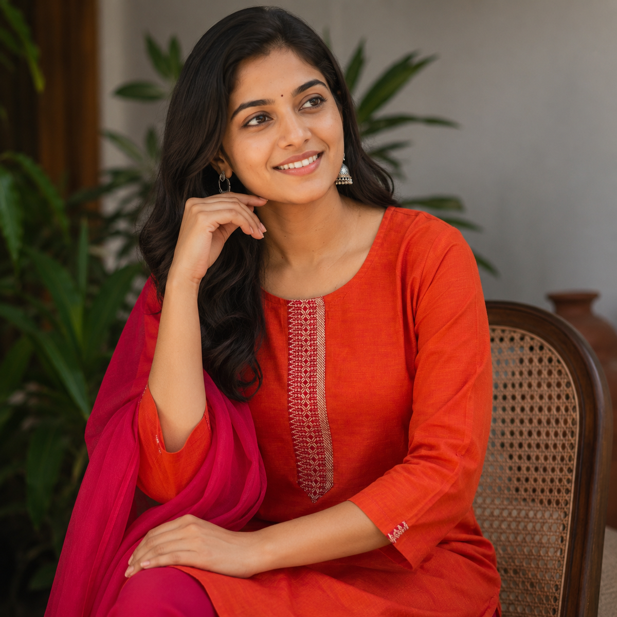Revanta Orange & Magenta Cotton Kurta Pant Set with One-Sided Dupatta
