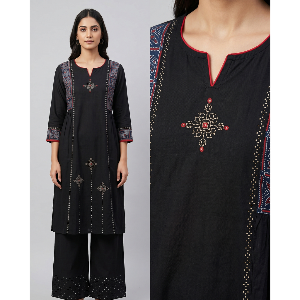 Anvita Jet Black Cotton Straight-Cut Kurta Set – Geometric Digital Print & Palazzo