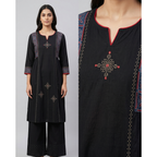 Anvita Jet Black Cotton Straight-Cut Kurta Set – Geometric Digital Print & Palazzo