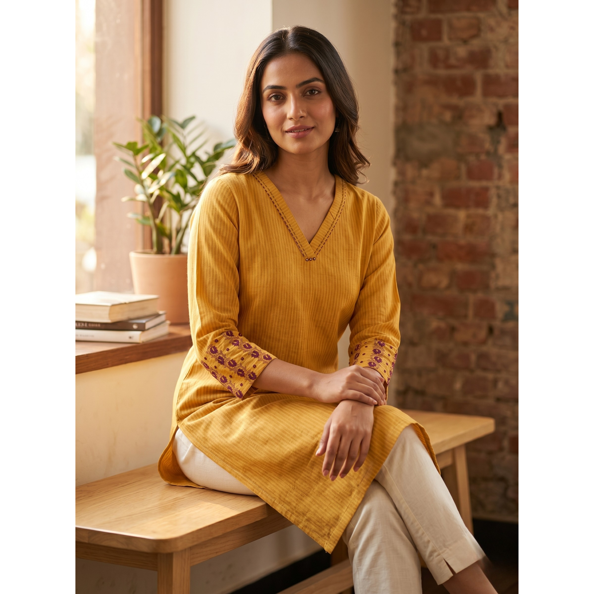 Anvita Golden Yellow Cotton Straight Kurta – Vertical Stripes & Floral Digital Print