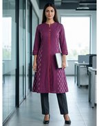 Anvita Purple Cotton Slub Kurta – Elegant Printed Yoke & Sleeve Detail – Chic Festive Wear