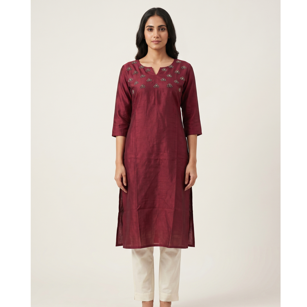 Vertican Maroon A-Line Kurta – Textured Fabric with Handwork Detail – Premium Women's Ethnic Wear