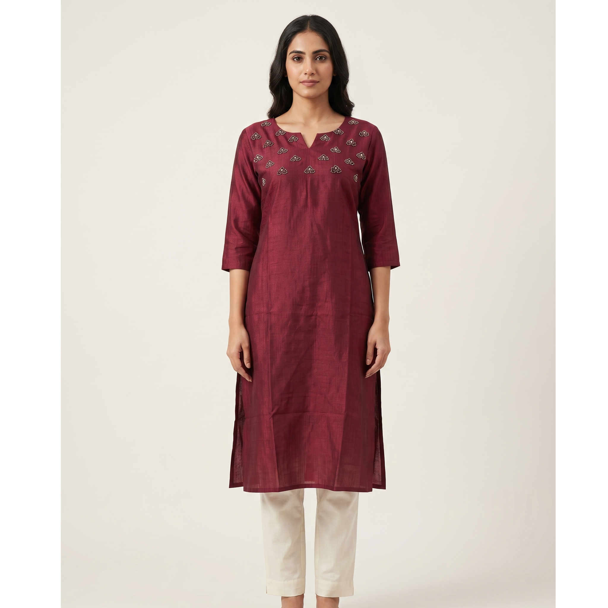 Vertican Maroon A-Line Kurta – Textured Fabric with Handwork Detail – Premium Women's Ethnic Wear