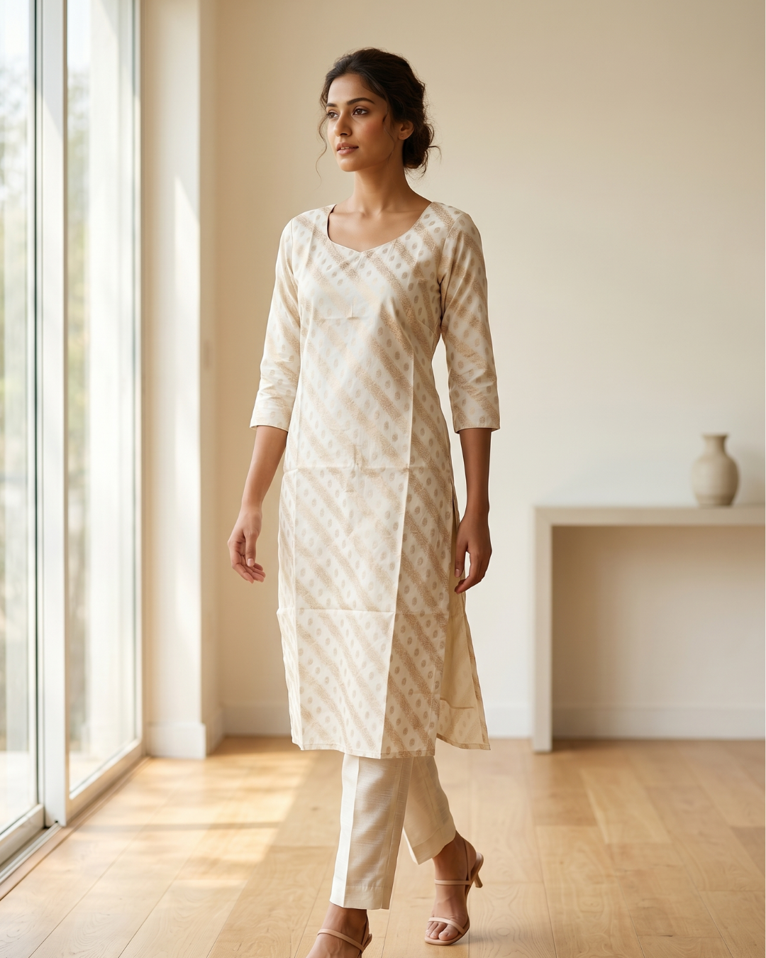 Cream Banaras Silk-Style A-Line Dress for Women – Textured Geometric Occasion Wear