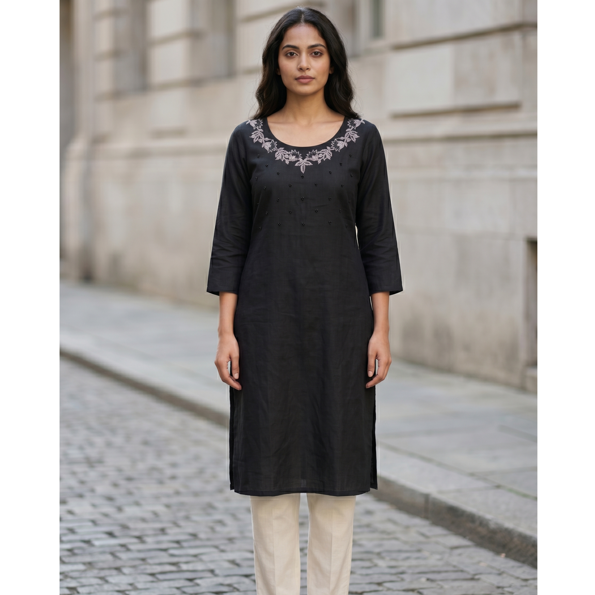 Vertician Black Crushed Nylon A-Line Kurta – Bead Handwork Neck – Premium Party Wear with Lining