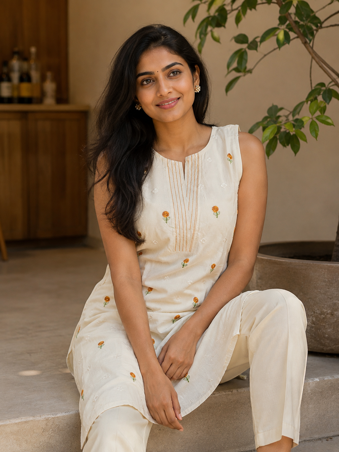 Revanta Cream Straight-Fit Kurta Co-Ord Set with Attached Sleeves, Pintucks and Floral Motifs