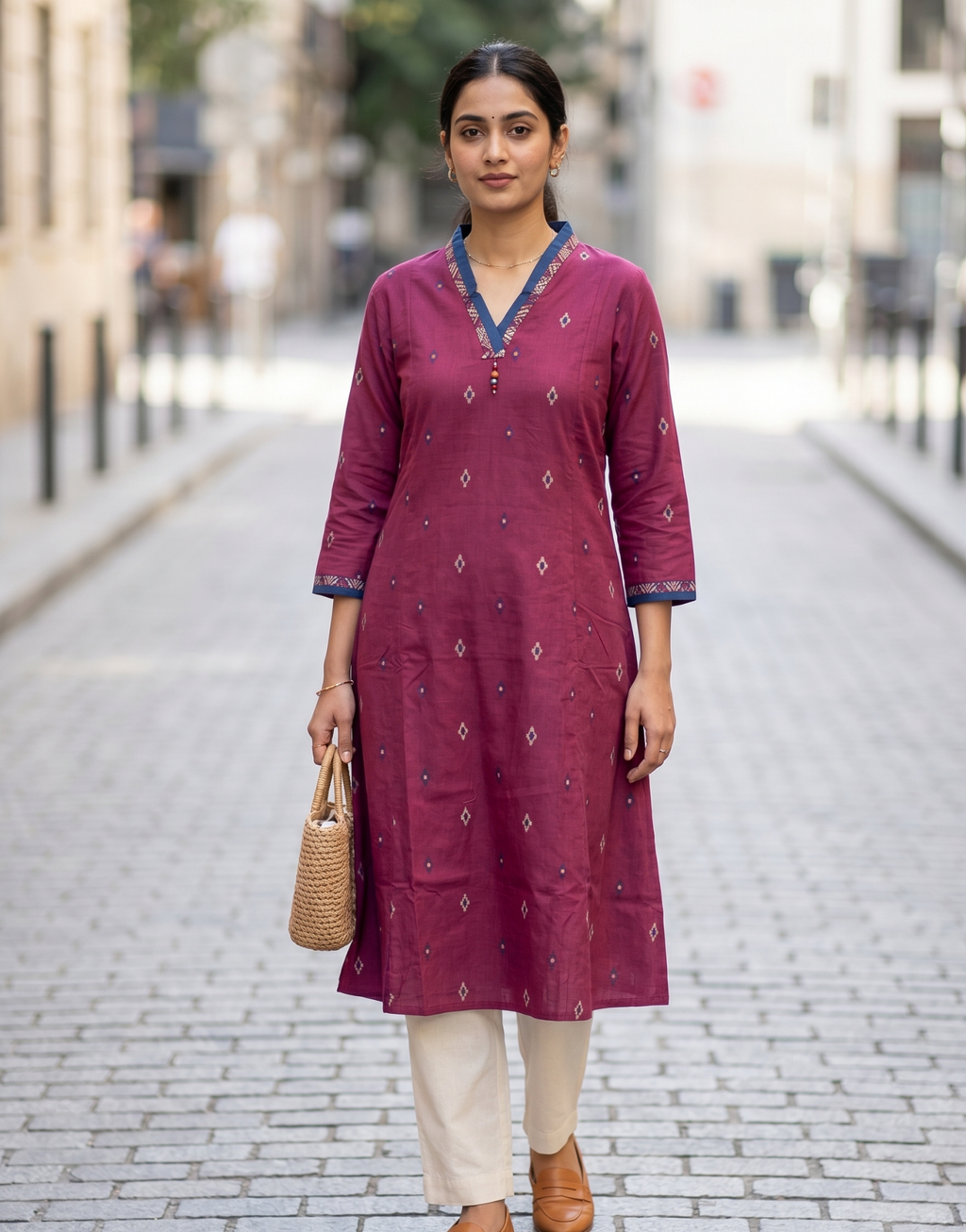 Anvita Deep Maroon Pure Cotton Kurta – Elegant Geometric Motif & V-Neckline