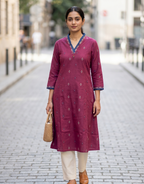 Anvita Deep Maroon Pure Cotton Kurta – Elegant Geometric Motif & V-Neckline