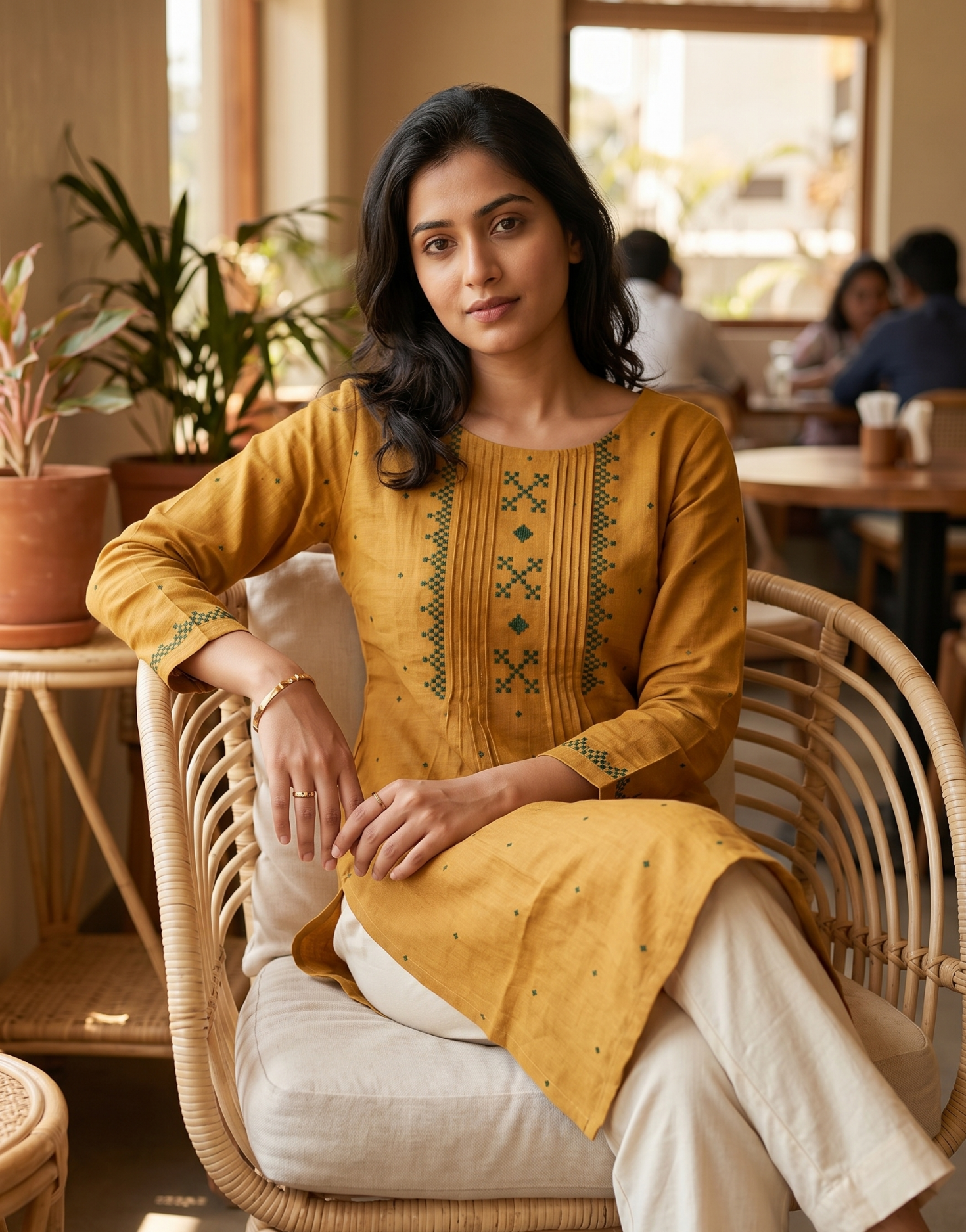 Anvita Mustard Yellow Pure Cotton Kurta – Embroidered Yoke & Subtle Motif Detailing