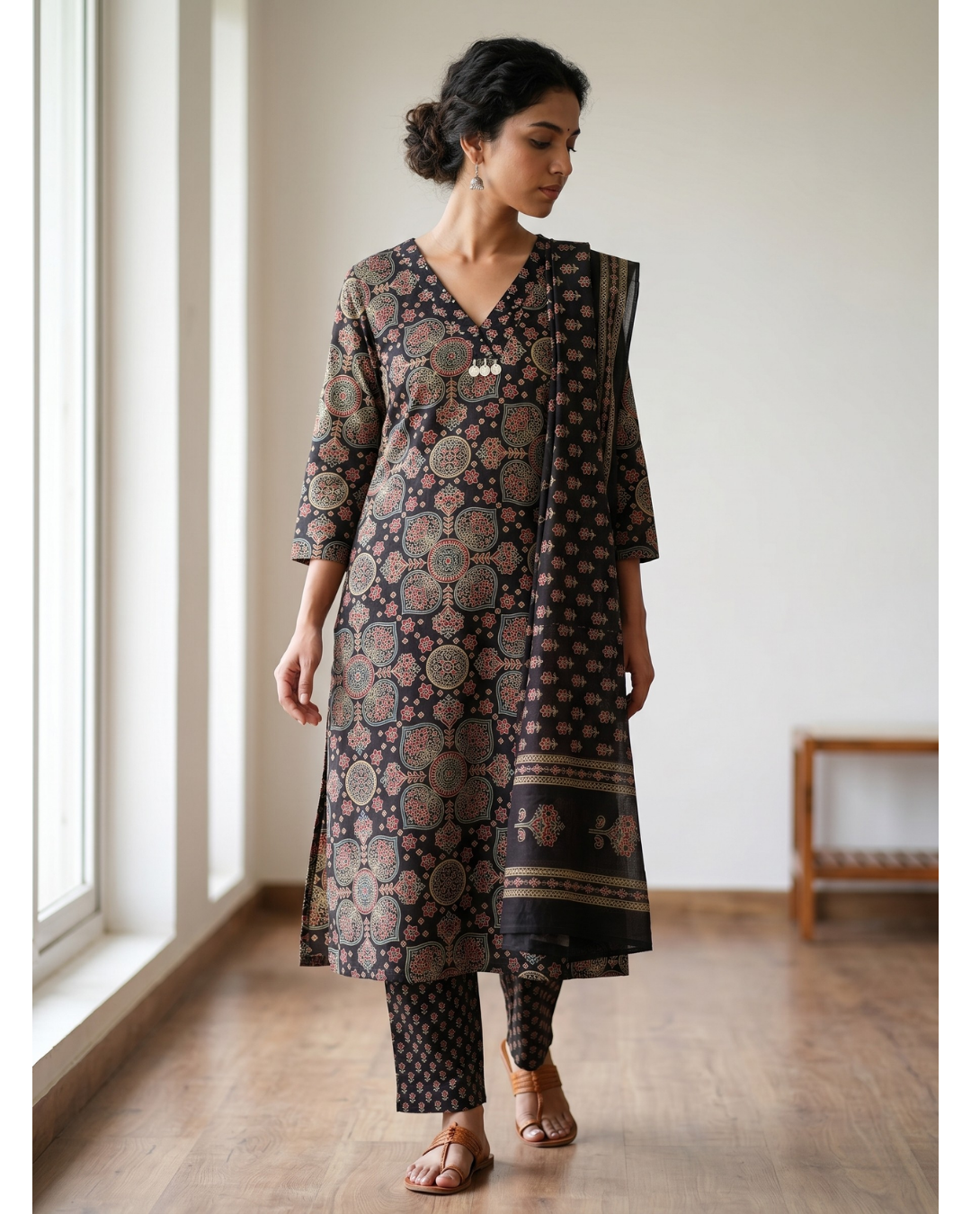Charcoal Black Cotton Kurta Trousers Set with Dupatta – Allover Ajrakh Digital Print