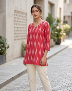 Coral Red Cotton Short Kurti – Ikat Digital Print & V-Neck