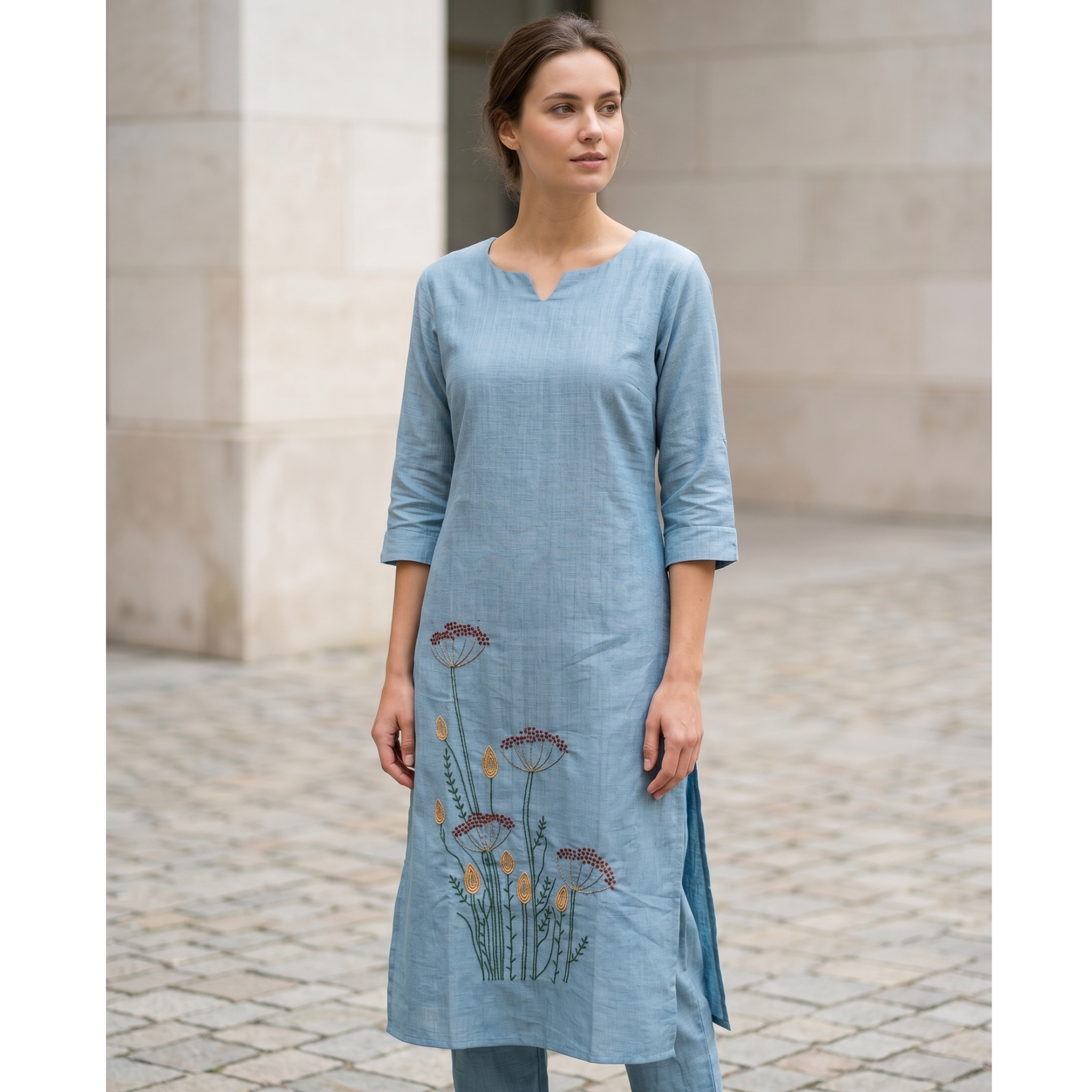 Women's A-Line Kurta Set with Inner Lining – Crushed Nylon Beadwork in Grape Purple & Light Blue