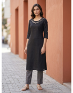 Vertician Black Crushed Nylon A-Line Kurta – Bead Handwork Neck – Premium Party Wear with Lining