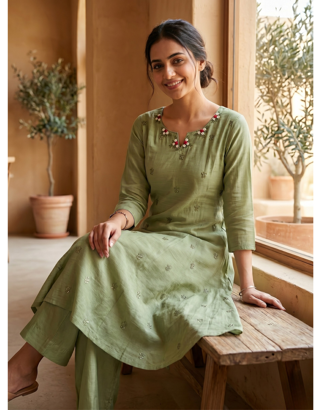Revanta Green Mul Chanderi Co-ord Set – Embroidered A-Line Kurta with Pants