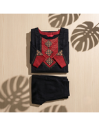 Anvita Black Pure Cotton Coord Set with 3/4 Sleeve & Printed Maroon Detailing on Yoke & Sleeve