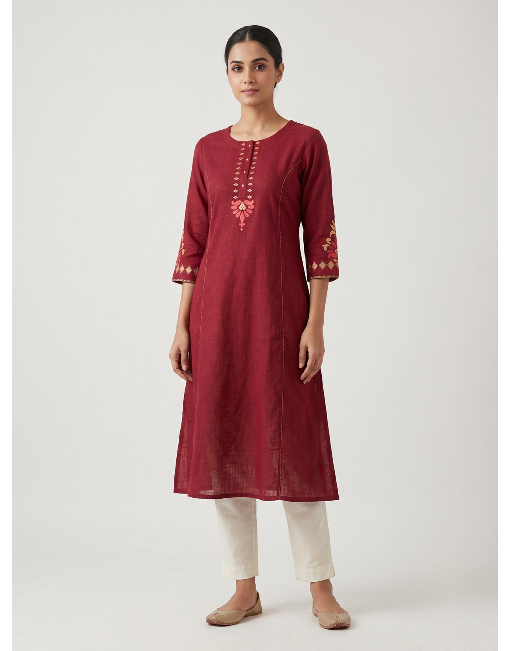 Anvita Ruby Red Pure Cotton Straight Kurta – Minimalist Embroidered Yoke & 3/4 Sleeves