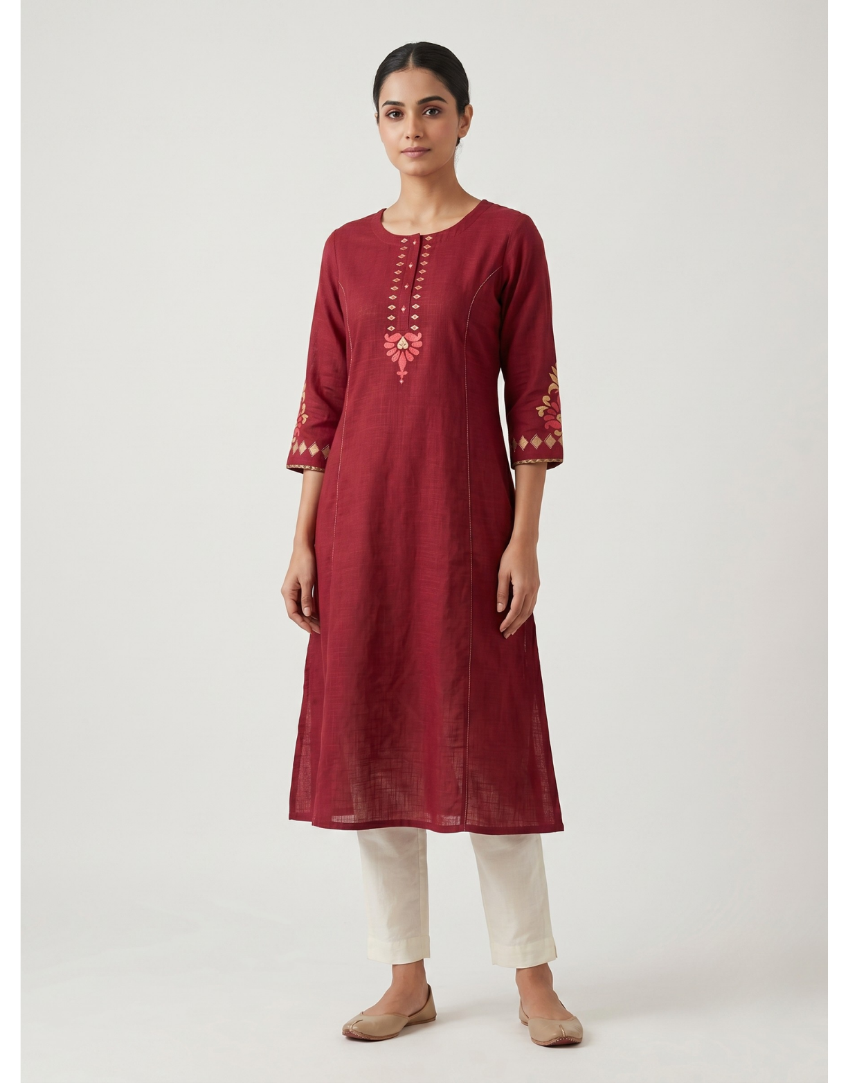 Anvita Ruby Red Pure Cotton Straight Kurta – Minimalist Embroidered Yoke & 3/4 Sleeves