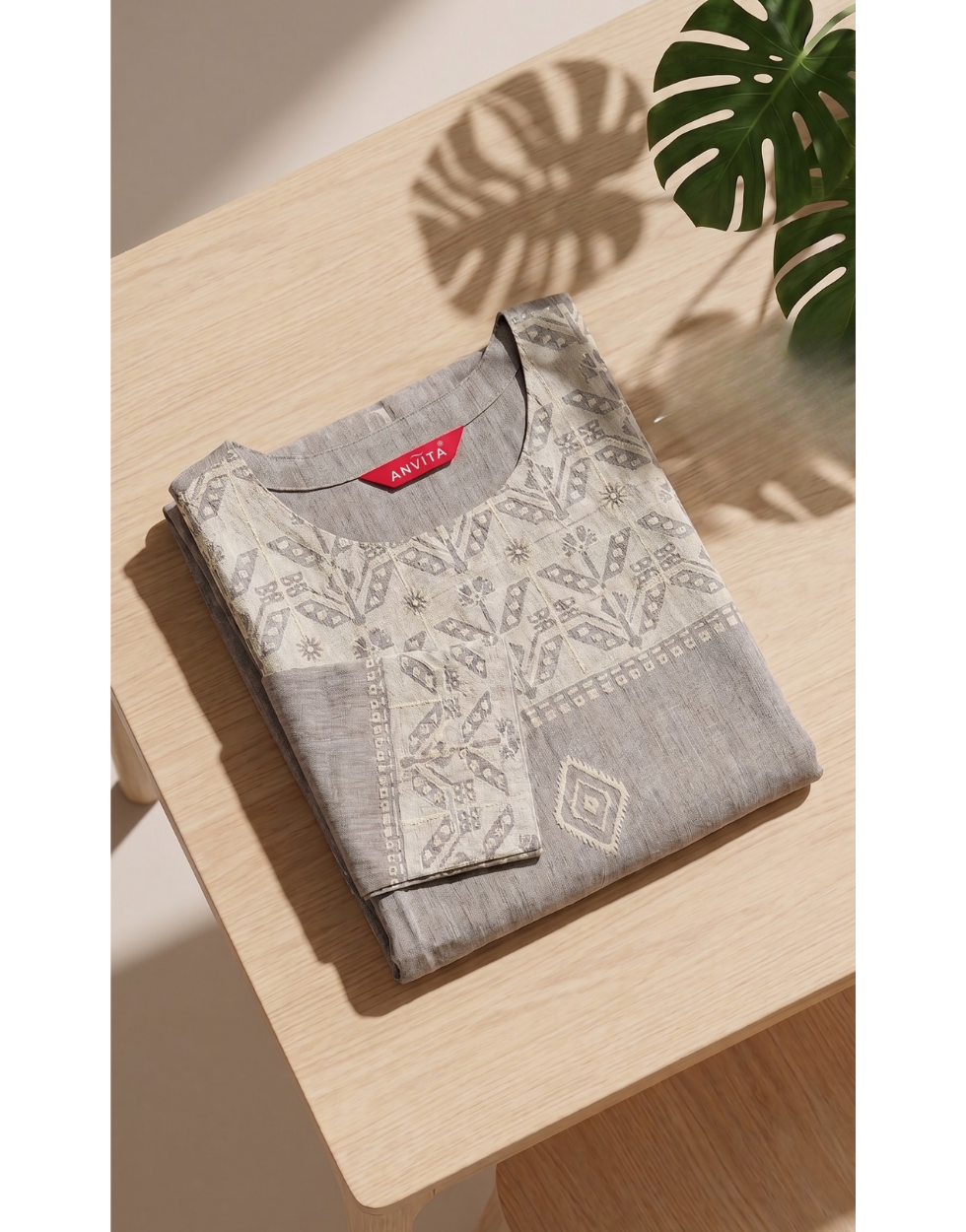 Anvita Ash Cotton Slub Kurta – Embroidered Yoke & Delicate Diamond Motif – Minimalist Chic