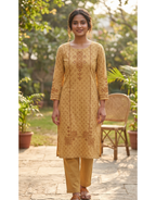 Anvita Mustard Yellow Pure Cotton Co-ord Set – Geometric Print Straight Kurta with Trousers