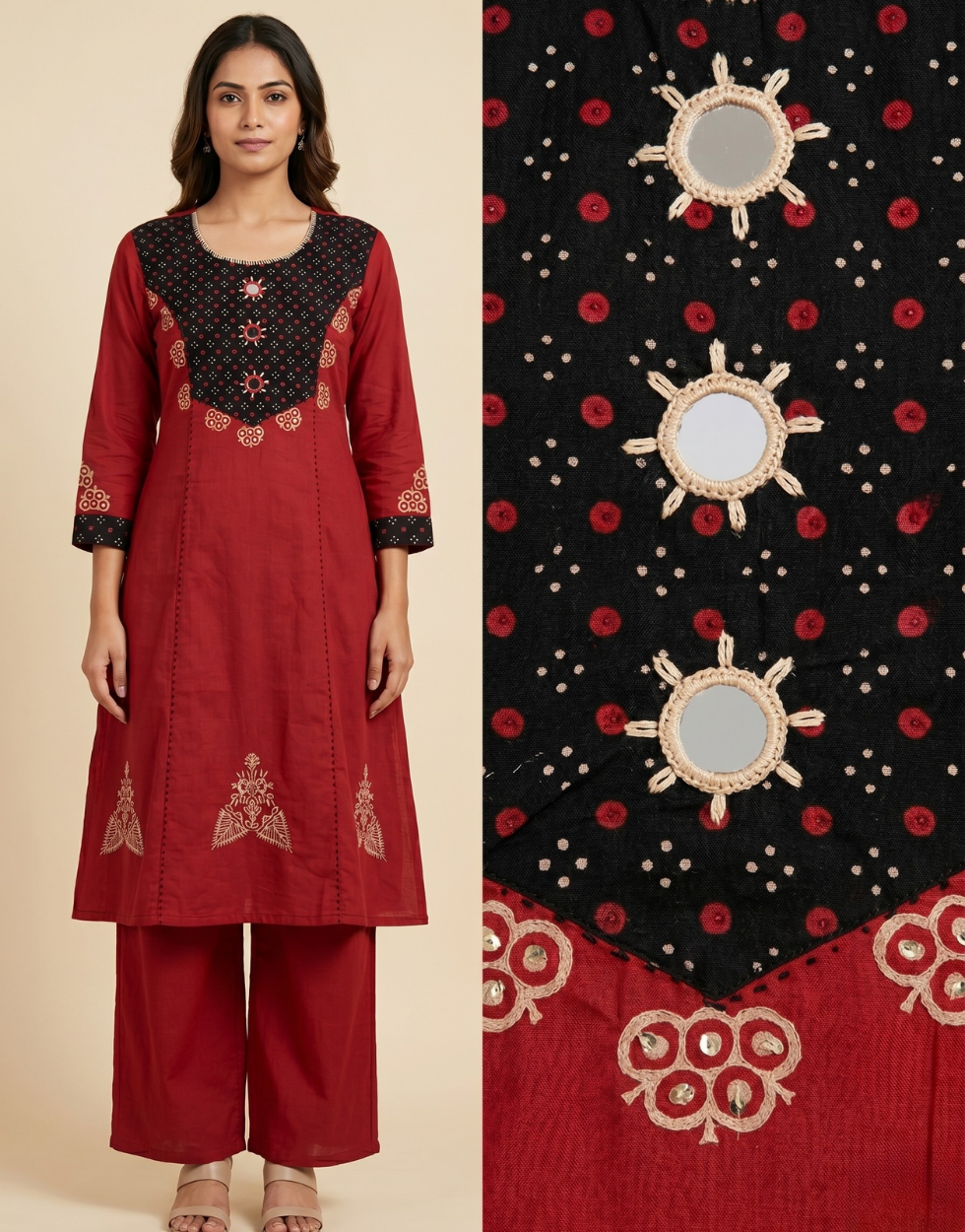 Crimson Red Cotton Straight Kurta Palazzo Set – Contrast Yoke & Mirror-Work Digital Print