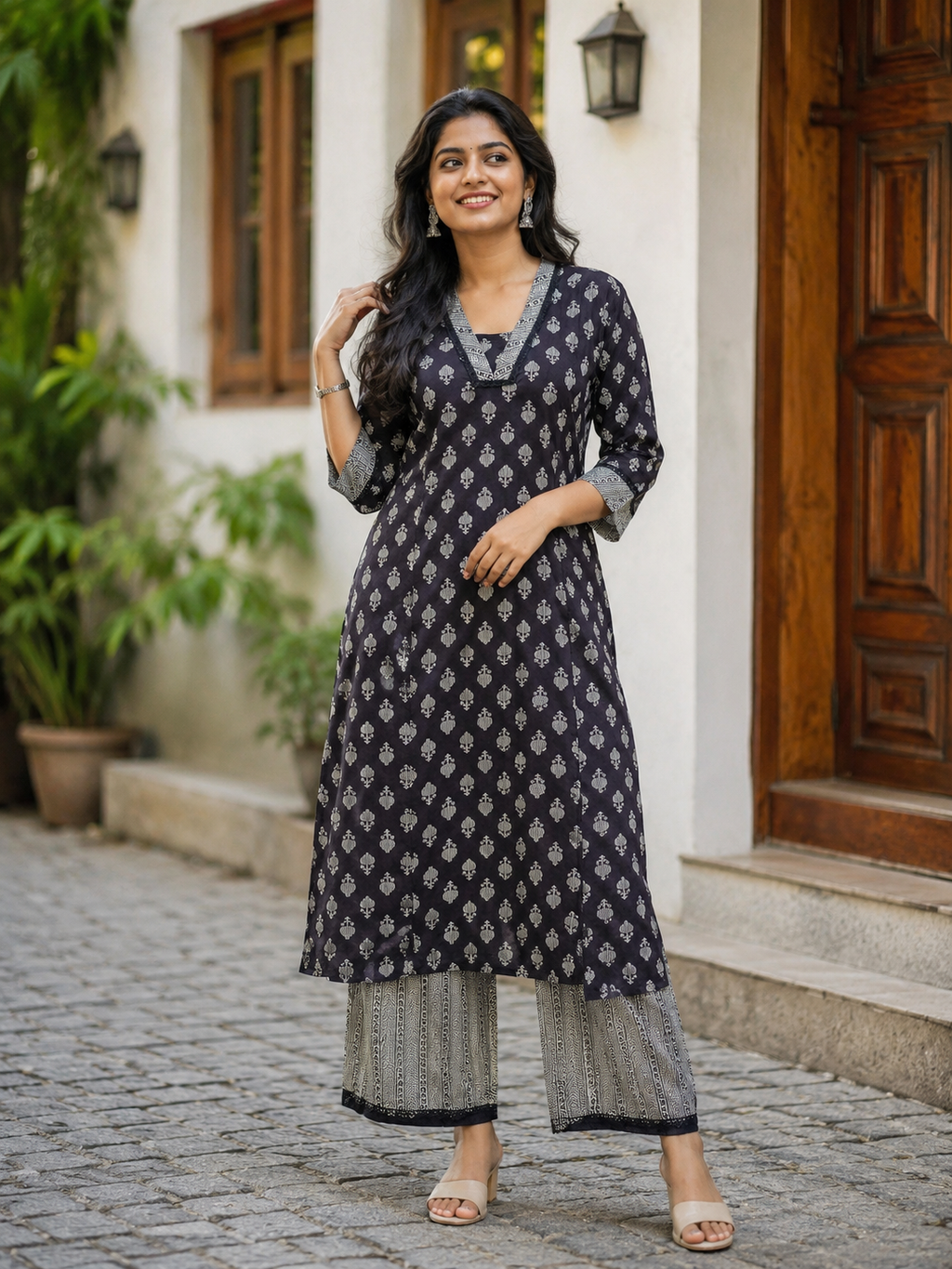 Anvita Black Printed A-Line Kurta Co-Ord Set with Contrast Patterned Palazzos