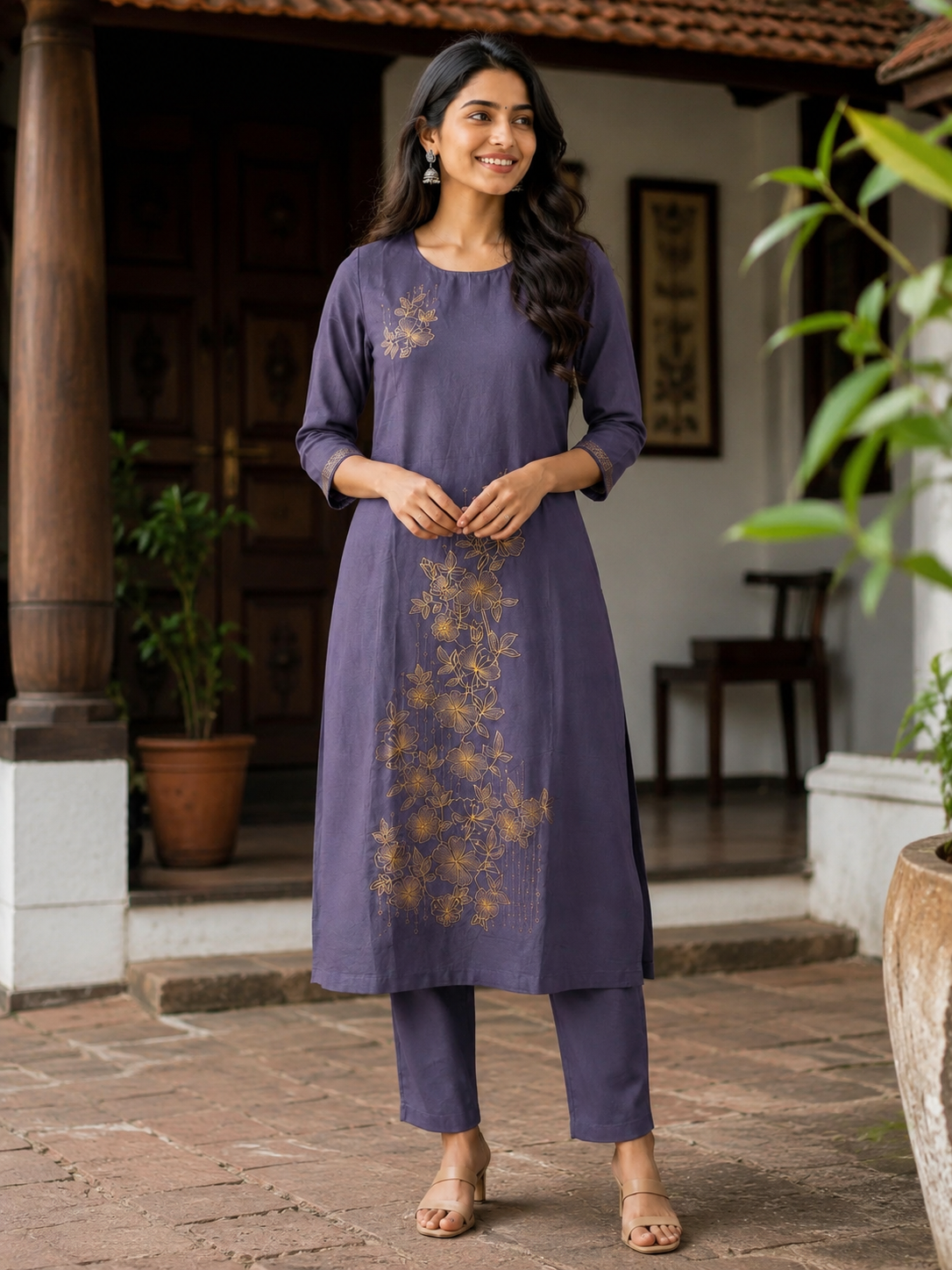 Revanta Aline Malchandheri  Co-ord Set  -Golden Floral Embroidery and Sleeve Detailing