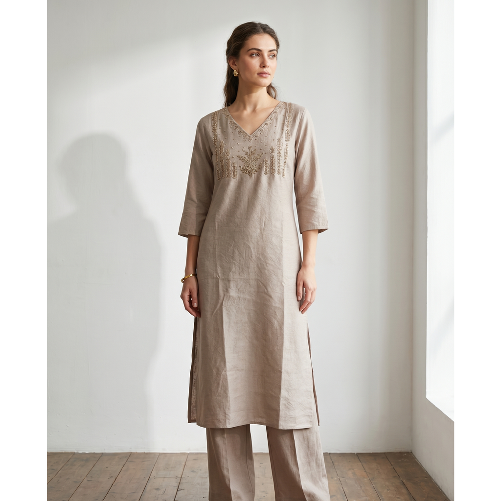 Women’s A-Line Kurti in Crushed Nylon with Bead Handwork and Lining- Sand Taupe