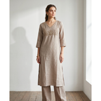 Women’s A-Line Kurti in Crushed Nylon with Bead Handwork and Lining- Sand Taupe