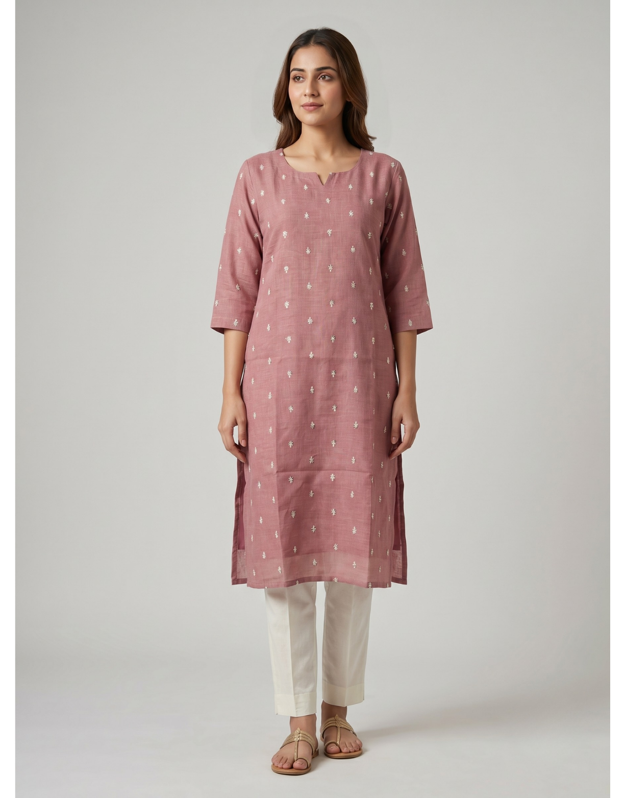 Mauve Semi-Jute Straight Kurta – Delicate Scattered Embroidery Daily Wear