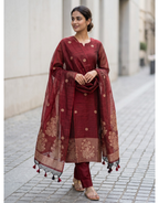 Revanta Maroon Jamdhani Cotton Kurta Set – Elegant Heritage Suit with Dupatta