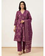 Mauve Purple Cotton A-Line Kurta Set with Dupatta – Floral Digital Print & Mirror-Work Yoke