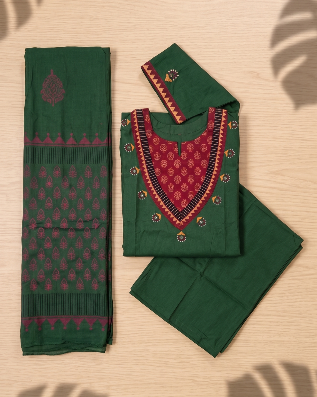 Green Cotton Kurta Palazzo Set with Dupatta – Contrast Yoke & Digital Print