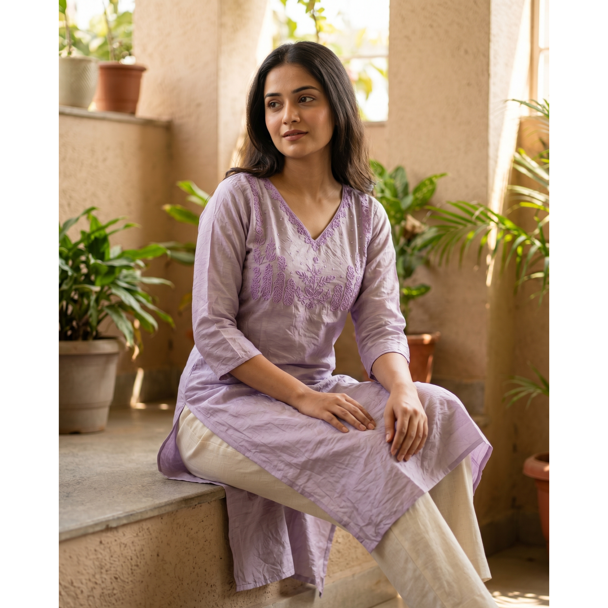 Women’s A-Line Kurti in Crushed Nylon with Bead Handwork and Lining