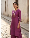 Anvita Plum Purple Cotton Slub Kurta – Embroidered Leaf Yoke Coord Set