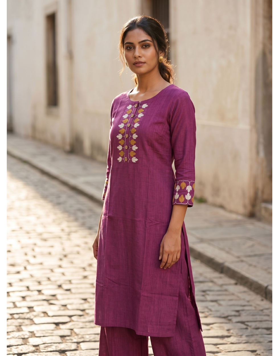 Anvita Plum Purple Cotton Slub Kurta – Embroidered Leaf Yoke Coord Set