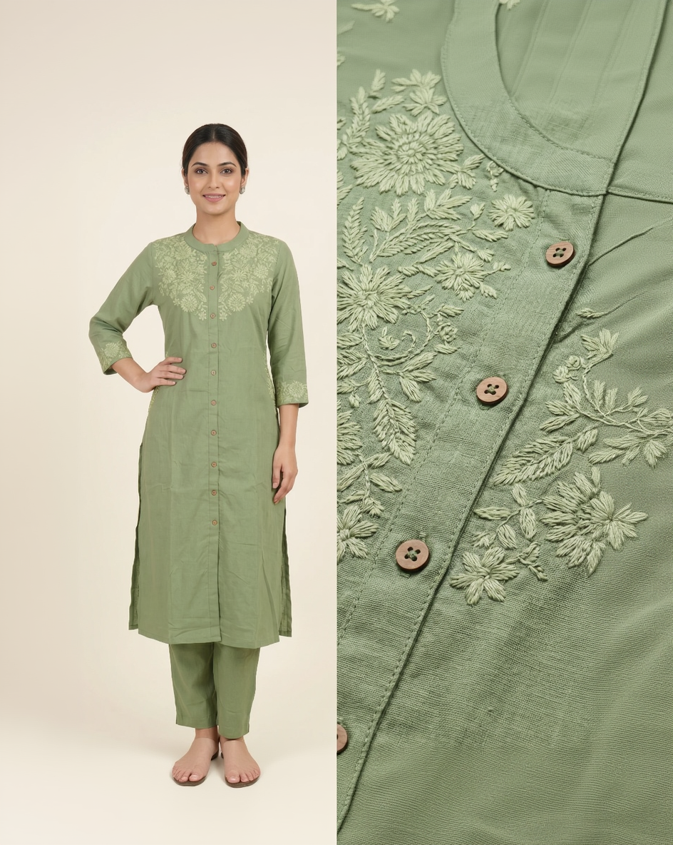 Olive Green Cotton Linen Kurta Set – Tonal Floral Embroidery – Sophisticated 2-Piece Co-ord