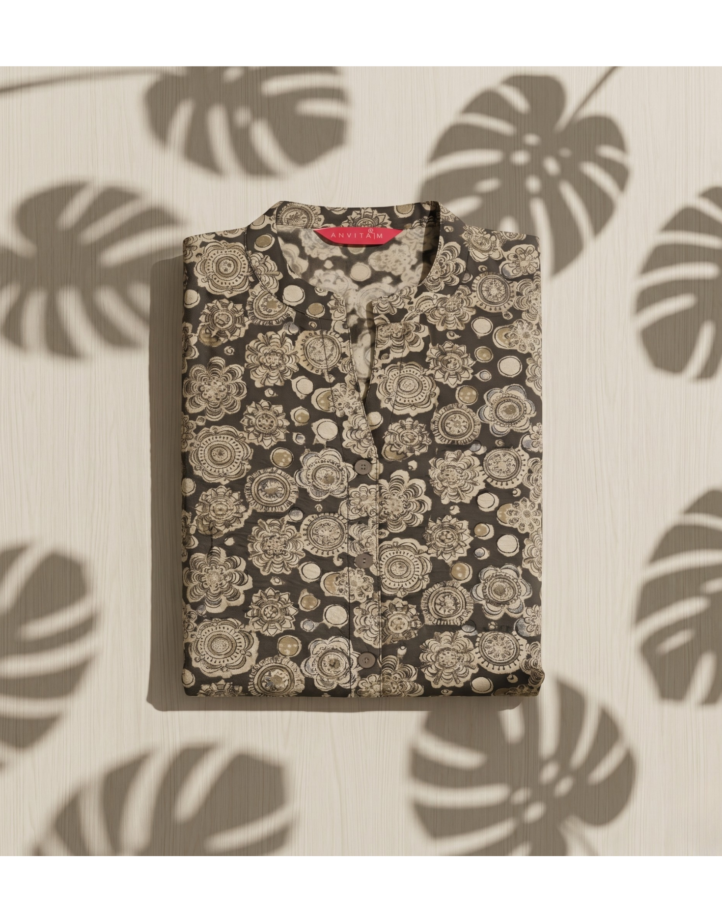 Anvita Brown Floral Print A-Line Kurta – Elegant Mandarin Collar Ethnic Daily Wear