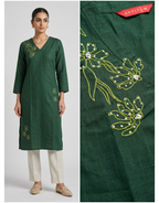 Anvita Emerald Green Cotton Slub Kurta – Asymmetric Floral Print – Chic Casual Wear