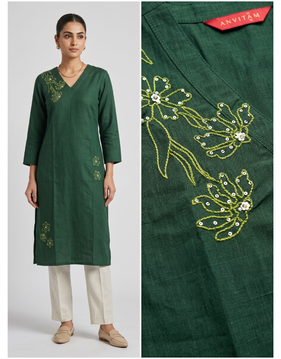 Anvita Emerald Green Cotton Slub Kurta – Asymmetric Floral Print – Chic Casual Wear