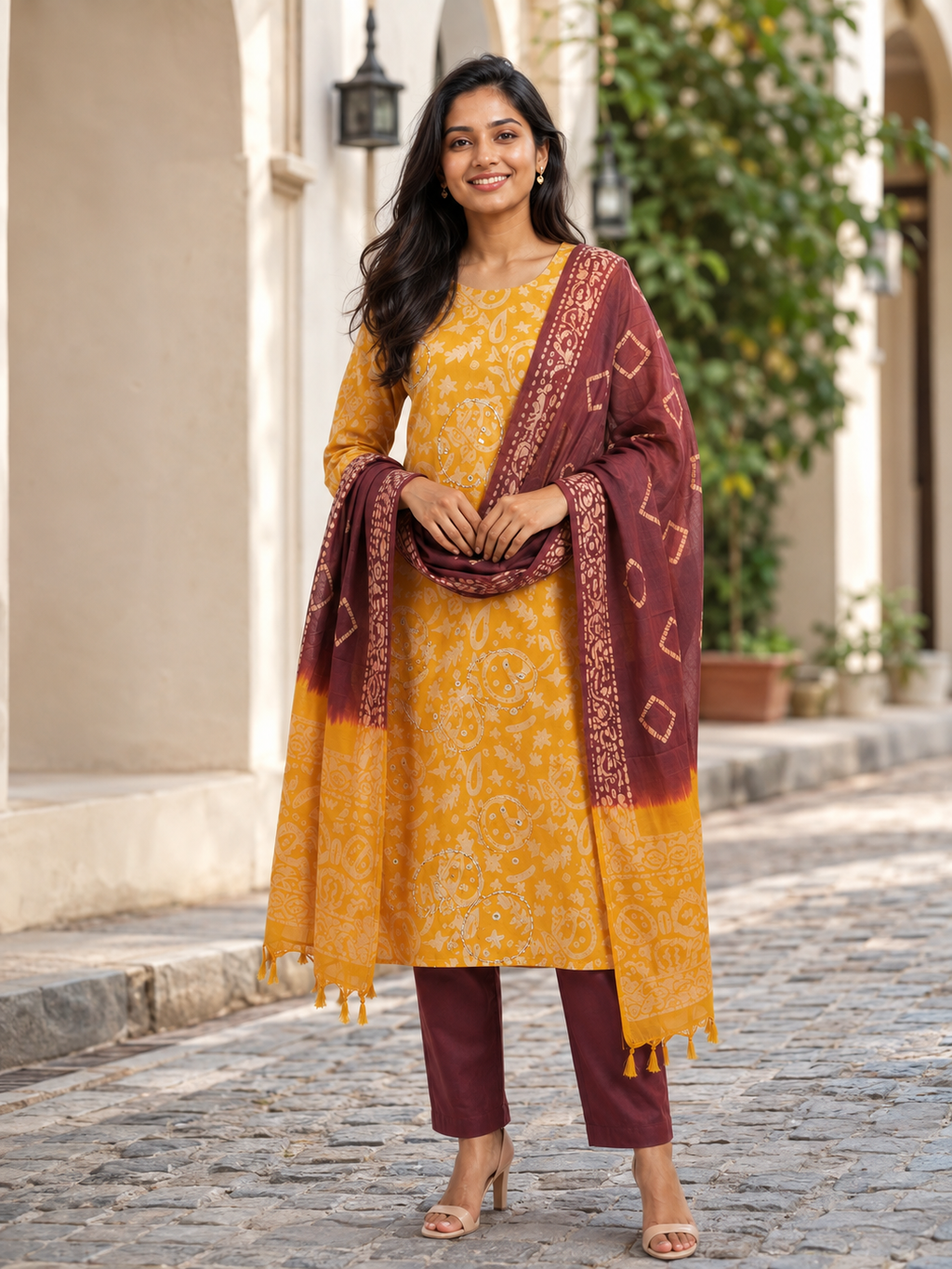 Revanta Mango Yellow Printed 3-Piece Suit – Contrasting Maroon Pants & Patterned Dupatta