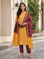 Revanta Mango Yellow Printed 3-Piece Suit – Contrasting Maroon Pants & Patterned Dupatta