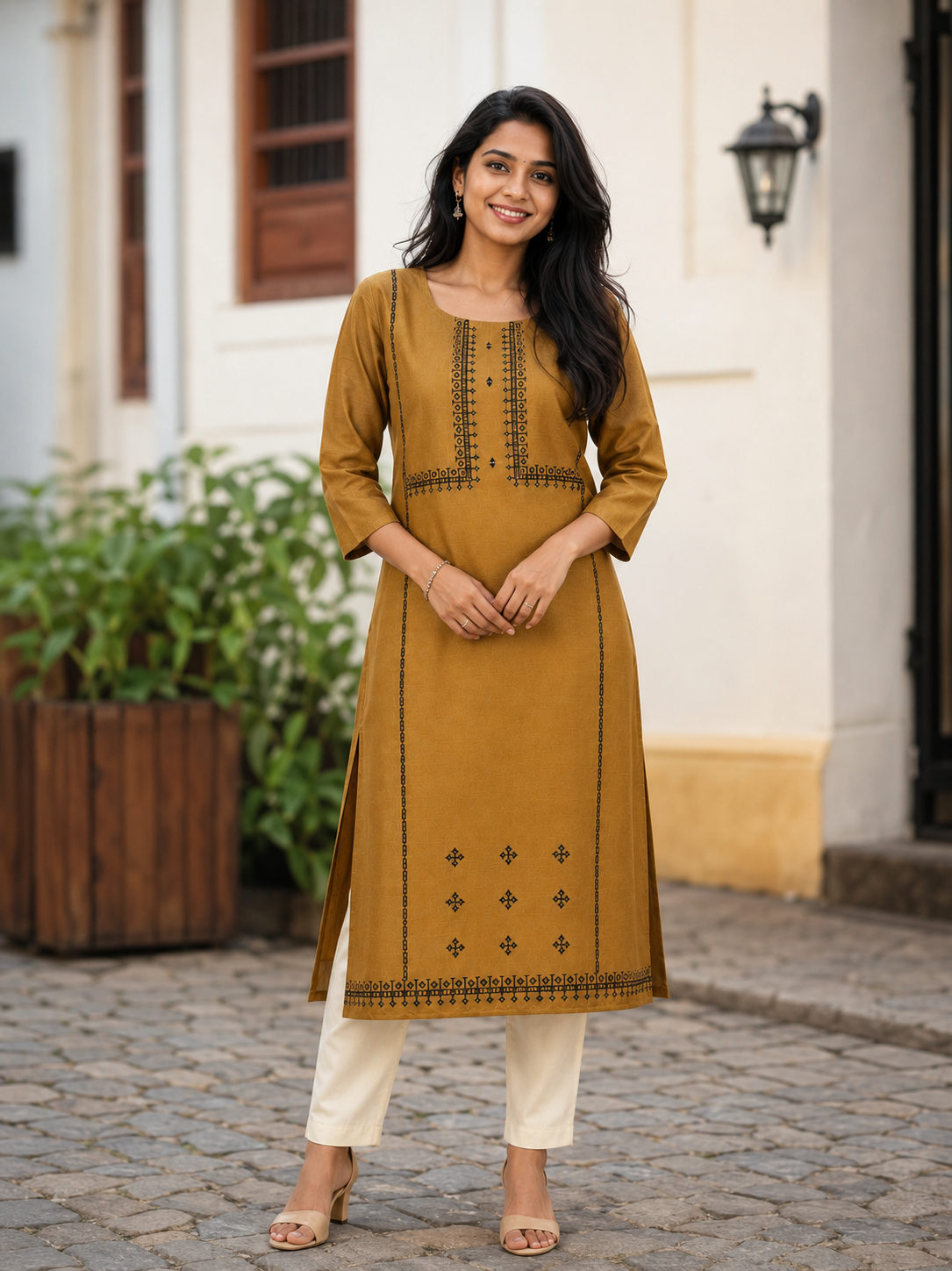 Revanta Mustard Gold Cotton Blend Kurta with Foil Print & Glass Work