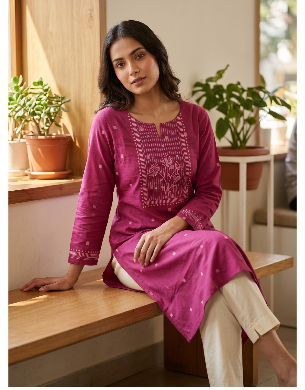 Anvita Dark Pink Cotton Slub Kurta – Elegant Printed Yoke & Delicate Butti Motifs