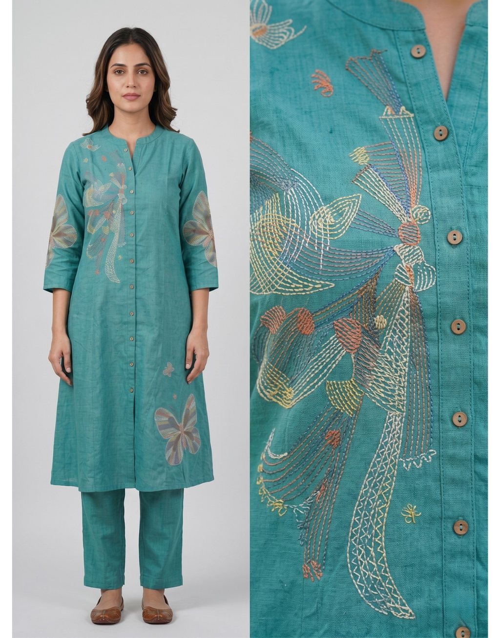 Revanta Teal Cotton A-Line Co-ord Set – Butterfly Digital Print Kurta with Pants
