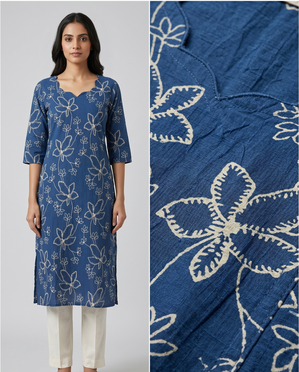 Blue Cotton Floral Kurta with Scalloped V-Neck & 3/4 Sleeves