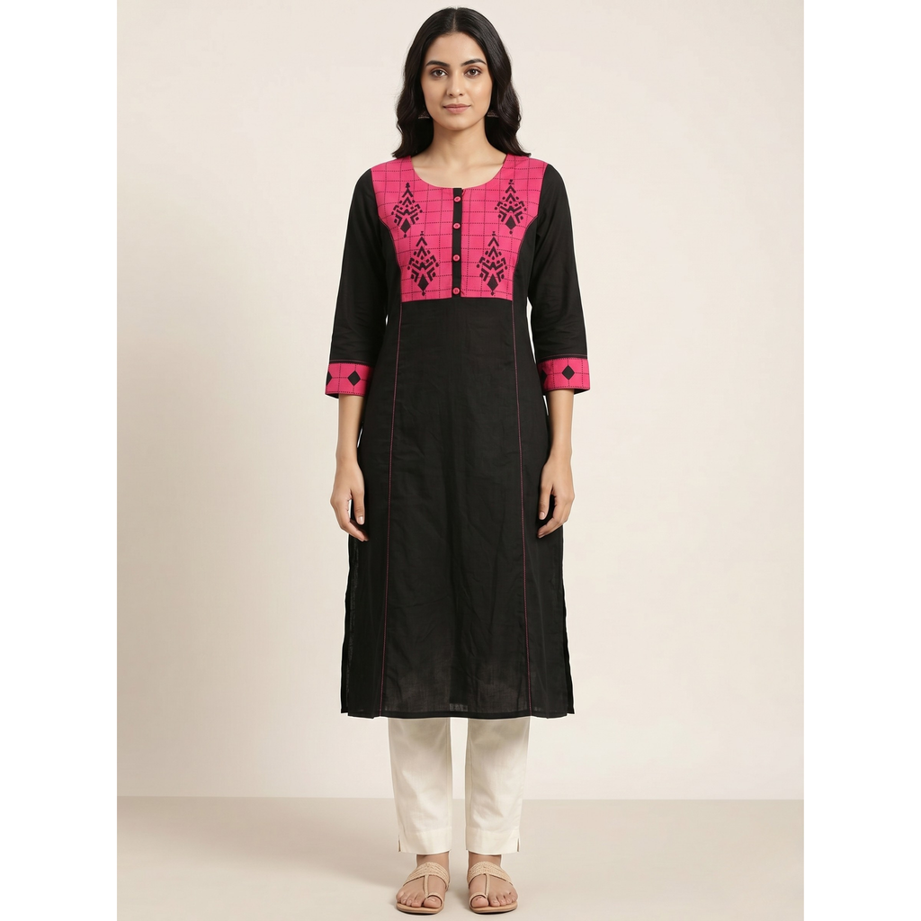 Anvita Jet Black Cotton Straight Kurta – Contrast Pink Yoke & Geometric Digital Print
