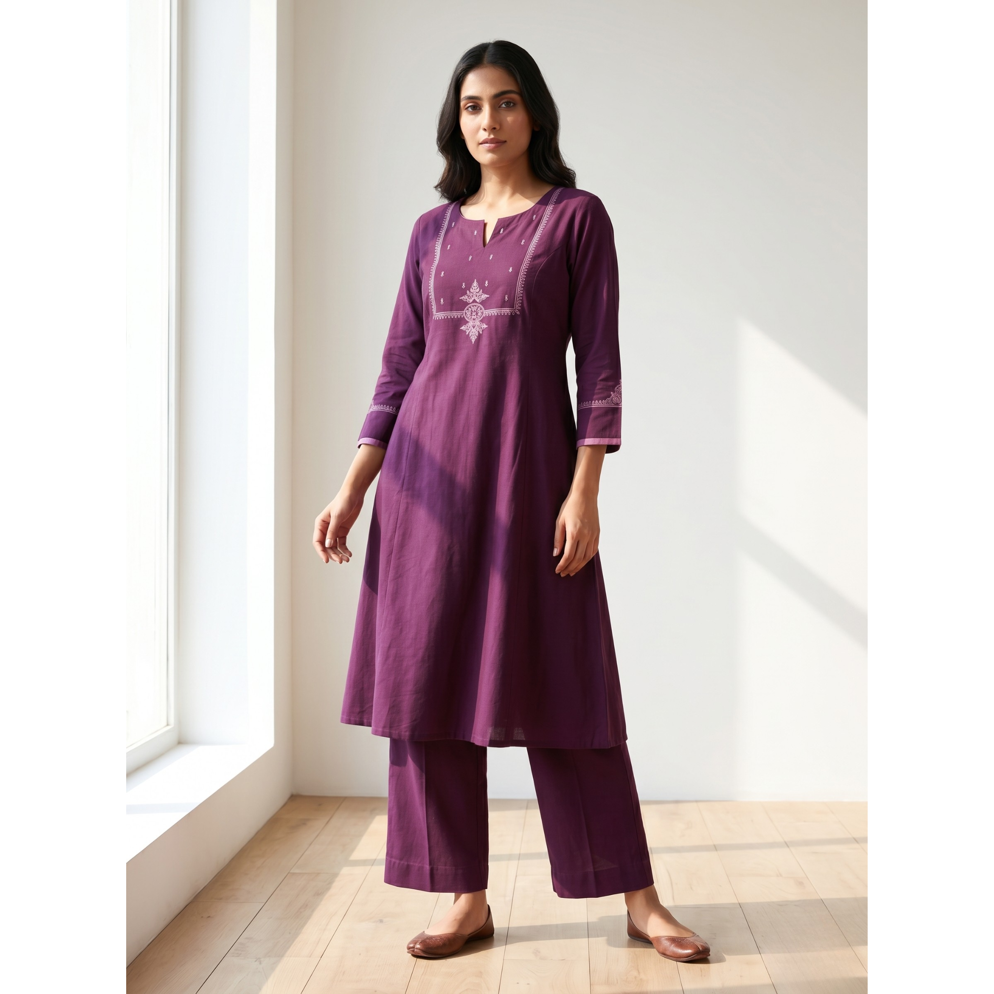 Anvita Plum Purple Pure Cotton Straight Kurta – Mandalic Digital Print & V-Split Neck