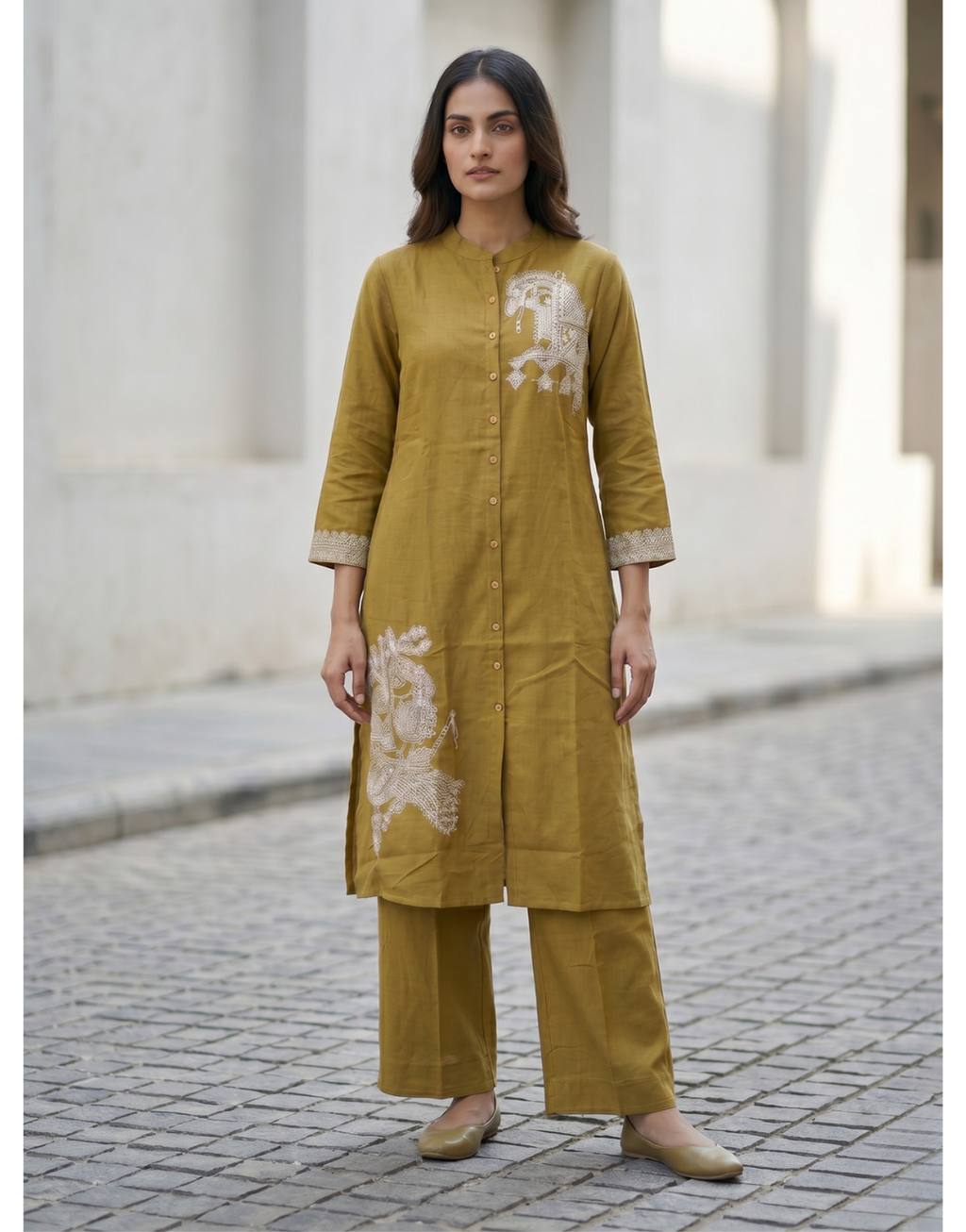Revanta Olive Green Cotton Co-ord Set – Digital Print Button-Down Kurta with Palazzo Pants