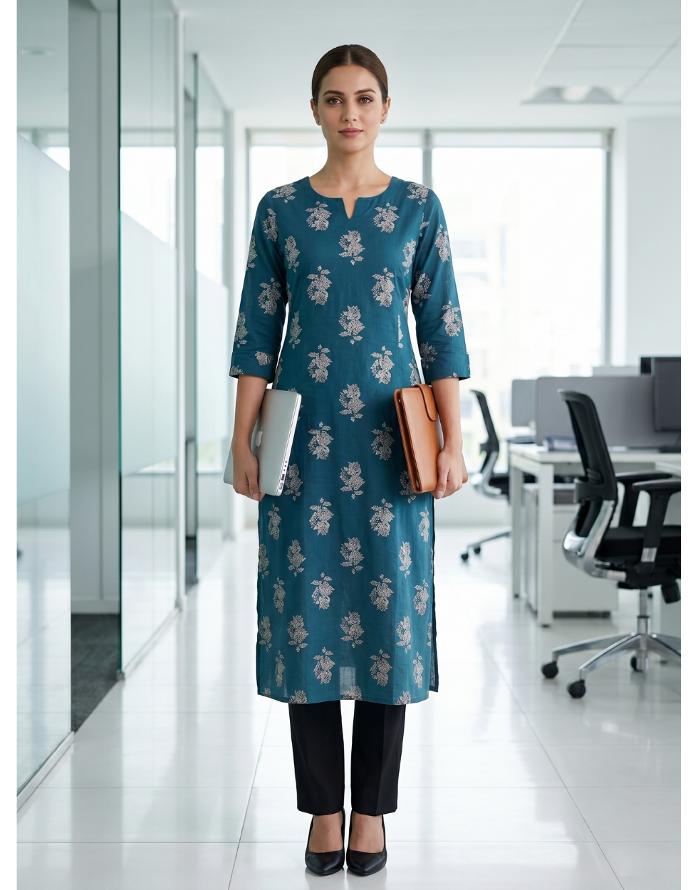 Anvita Teal Printed Cotton Kurta – Floral Motif Design – Elegant Everyday Ethnic Wear