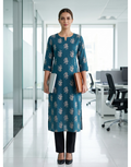 Anvita Teal Printed Cotton Kurta – Floral Motif Design – Elegant Everyday Ethnic Wear